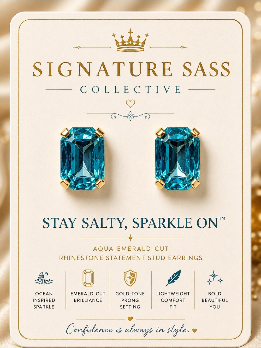 Signature Sass Aqua Emerald-Cut Teal Blue Rhinestone Stud Earrings